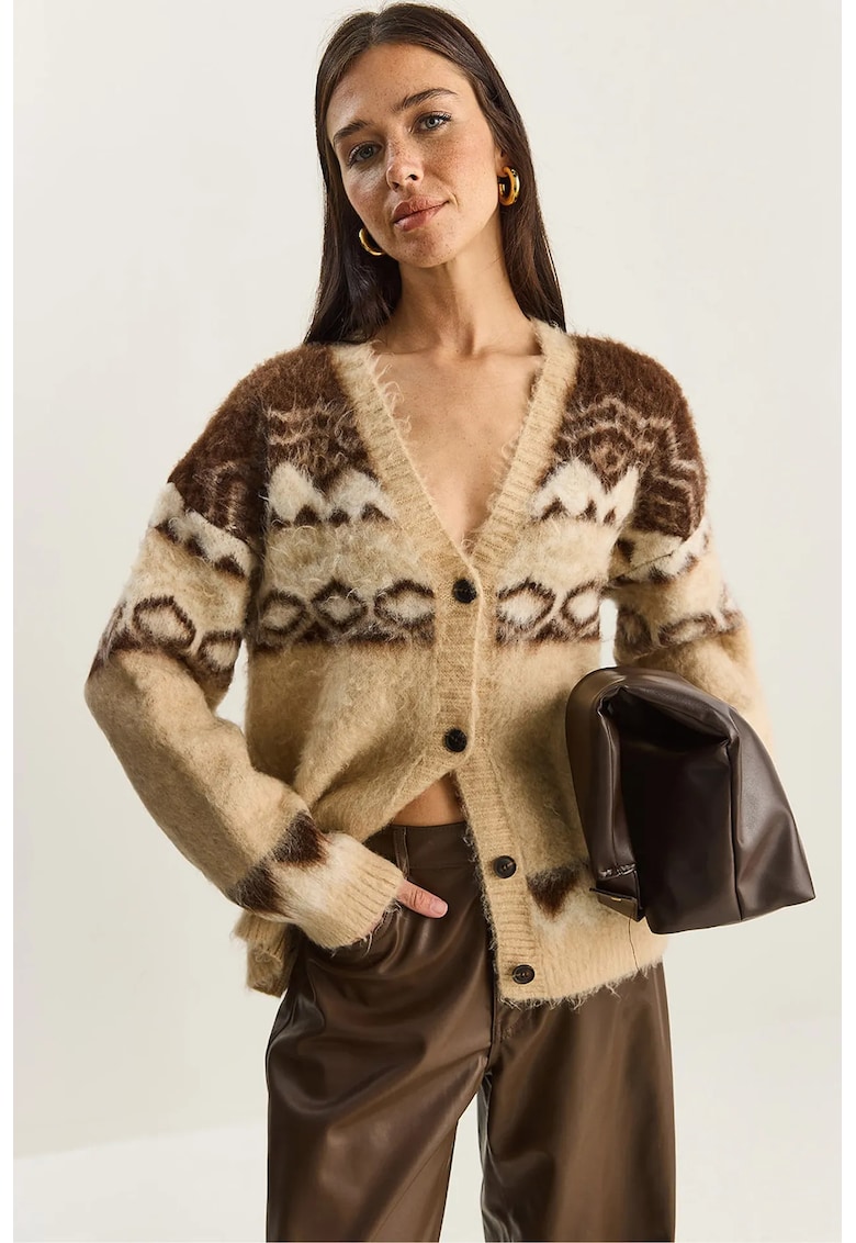 Cardigan dama - tricot - cu nasturi - bej/maro - One Size