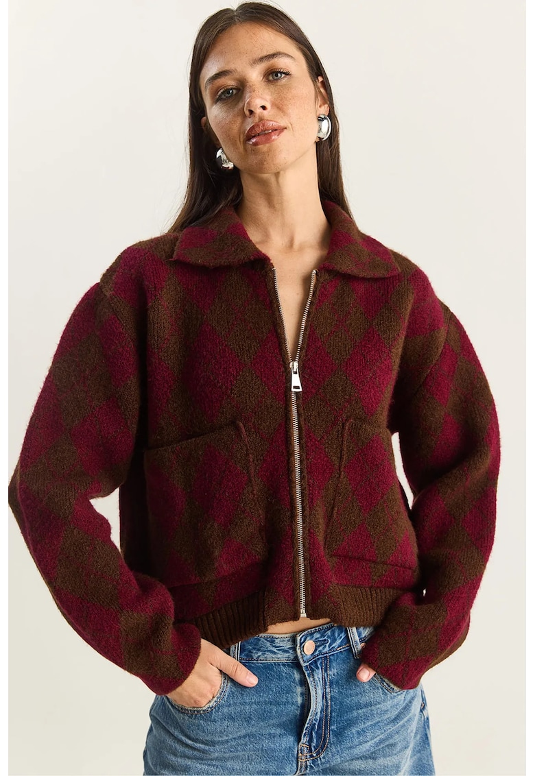 Cardigan dama gros cu fermoar - tricot - maro/visiniu - One Size