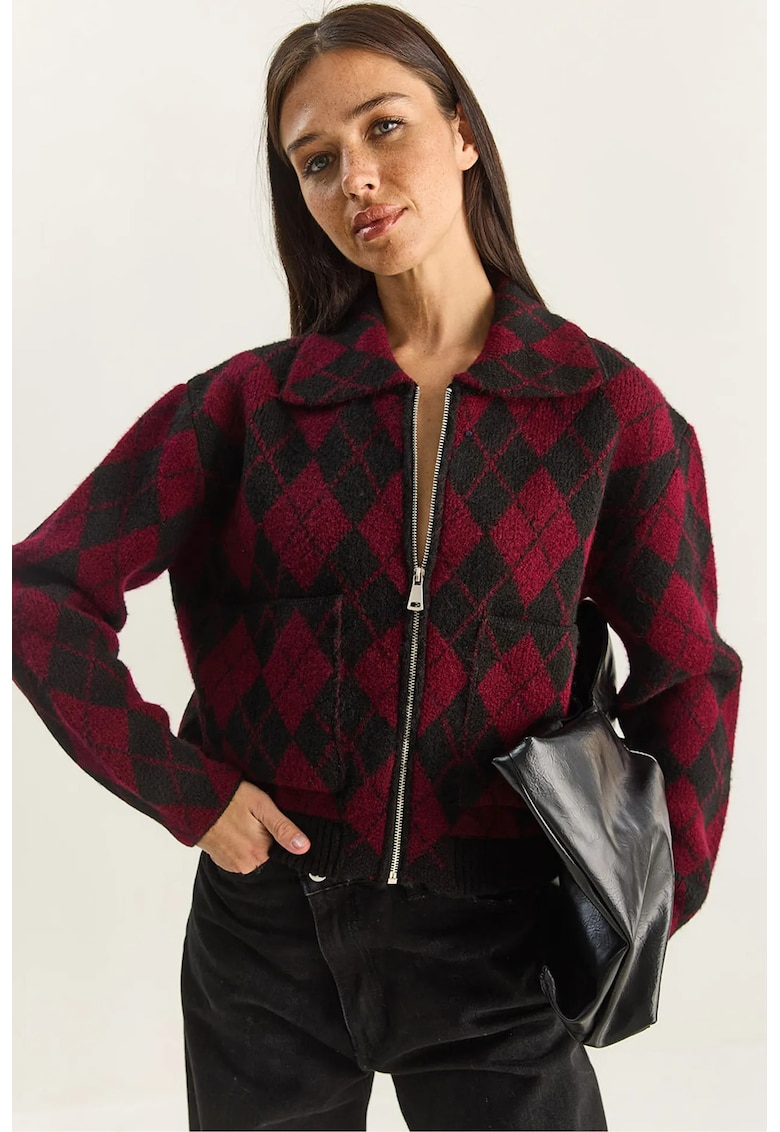 Cardigan tricotat gros dama - cu fermoar - negru/visiniu - tricot - One Size