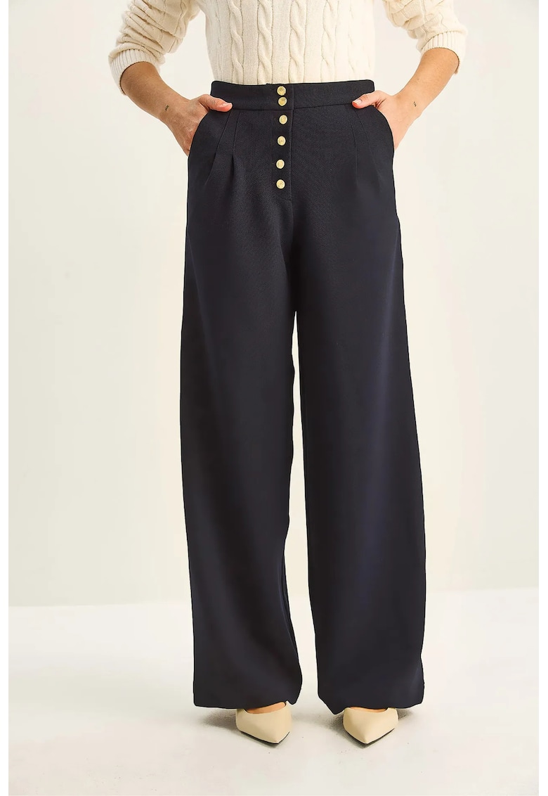 Pantaloni dama - Palazzo - talie inalta - bleumarin - poliester