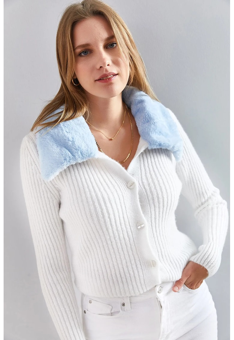 Cardigan dama tricot - guler din blana artificiala - alb/albastru - One Size