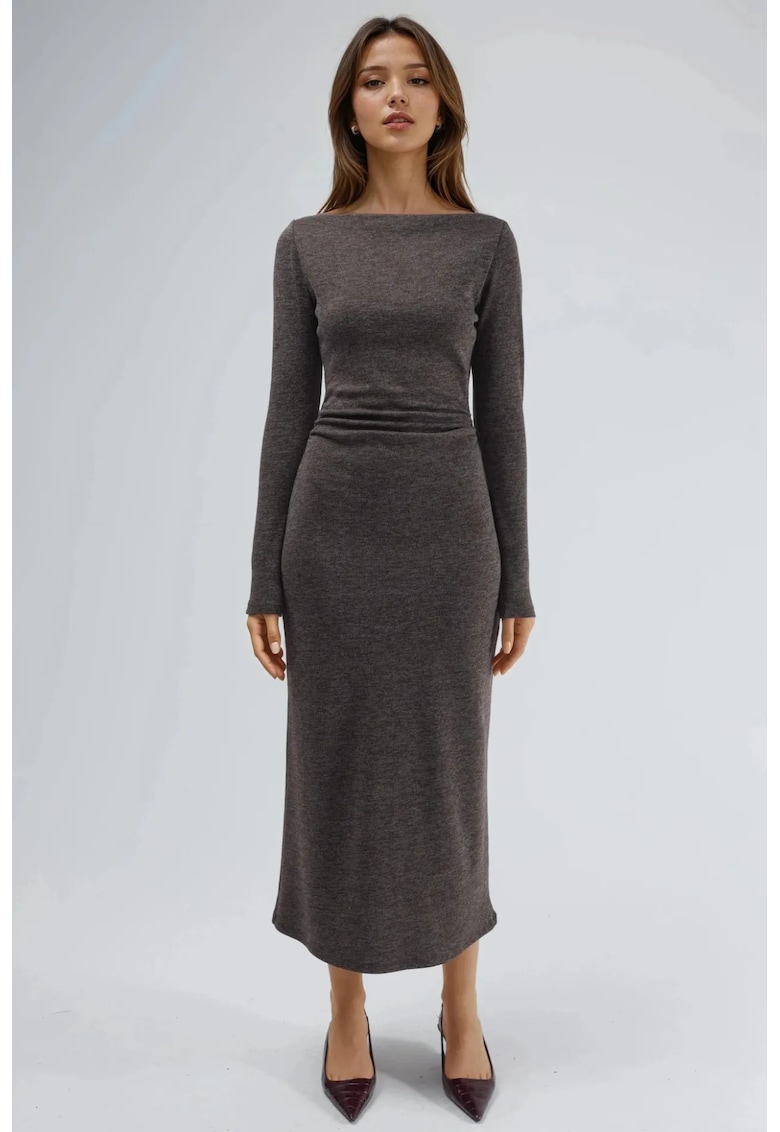 Rochie maxi - guler barcuta - maneci lungi - maro moca inchis - jerseu