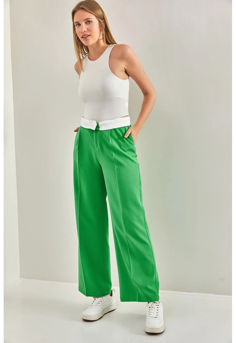 Pantaloni dama - talie inalta - croiala dreapta - verde - textil