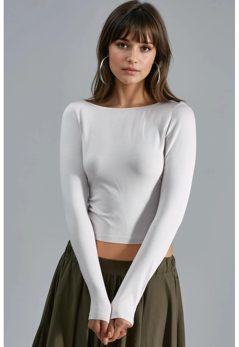 Bluza dama - crop slim fit - detalii la spate - alb jerseu