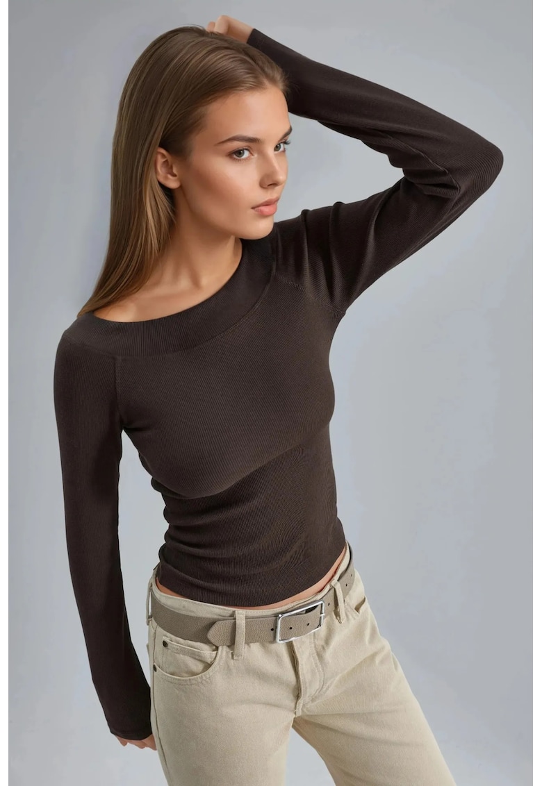 Bluza dama - slim fit - guler barca - maro - bumbac/poliester/elastan