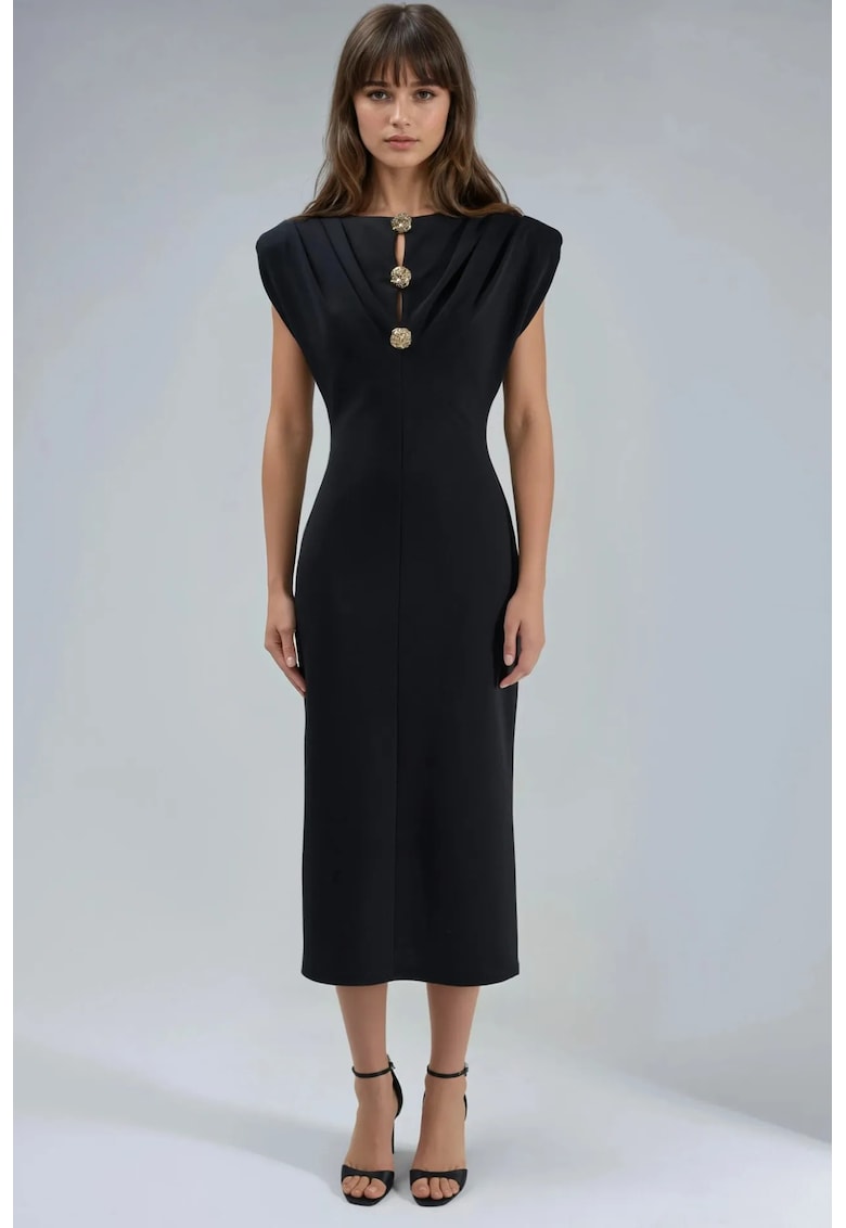 Rochie Midi Slim Fit - Detaliu Accesoriu - Negru - Jerseu - Negru
