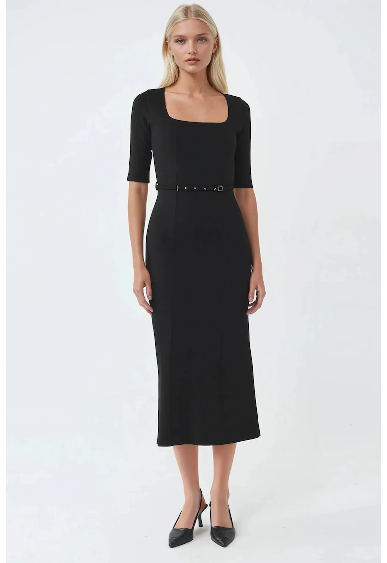 Rochie midi cu curea - guler patrat - neagra - poliester si elastan