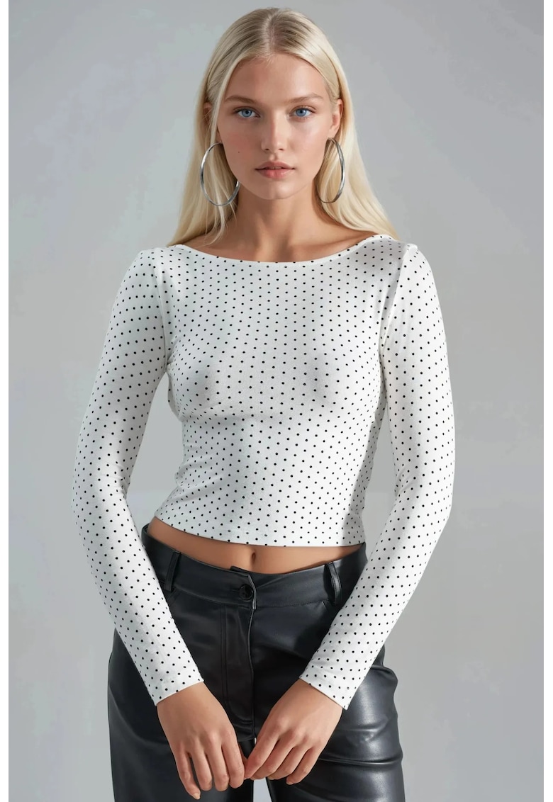 Bluza dama - crop - slim fit - alb-negru - viscoza-elastan