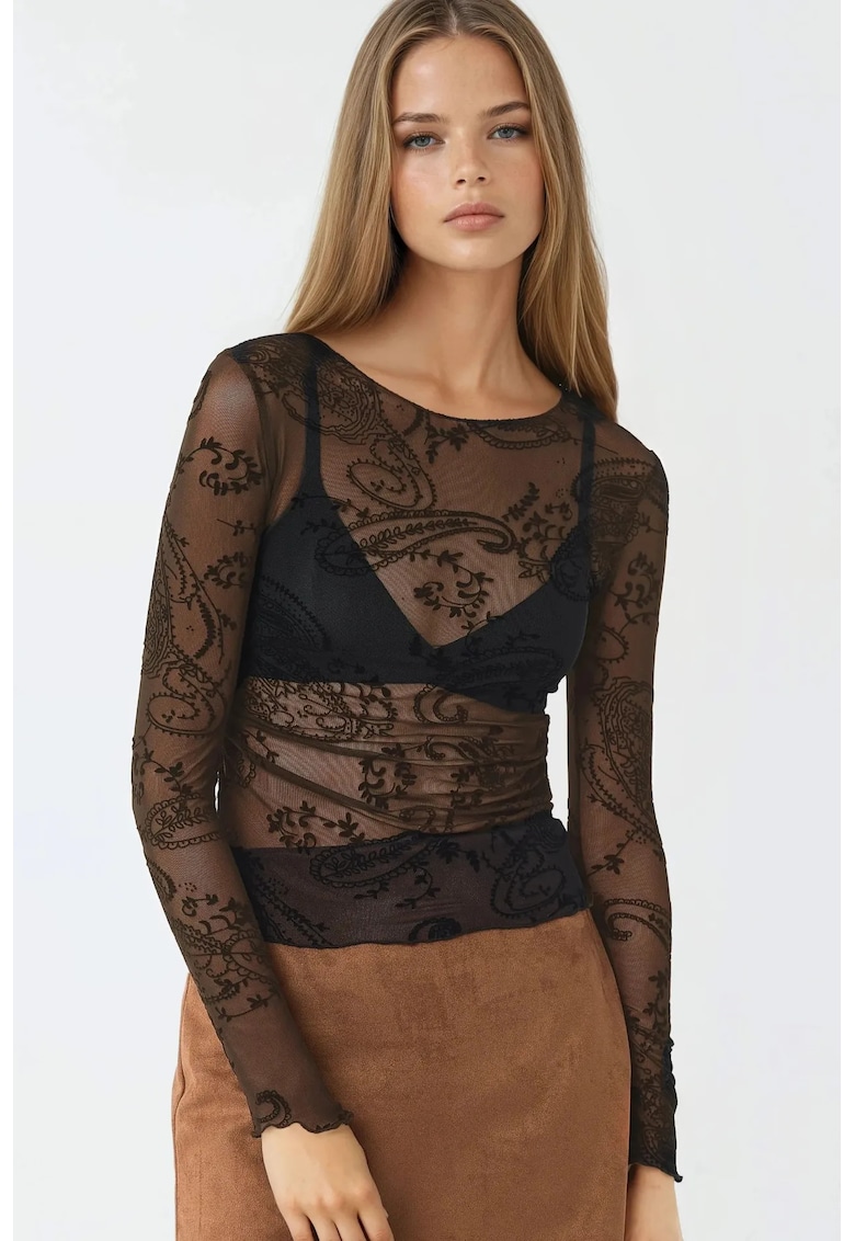 Bluza dama mulata - cu maneca lunga - imprimeu - negru - poliester-elastan