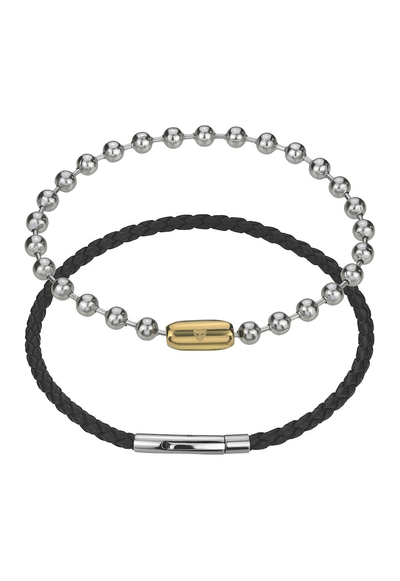 Set de bratara din piele si bratara din otel inoxidabil - 2 piese - Negru/Argintiu
