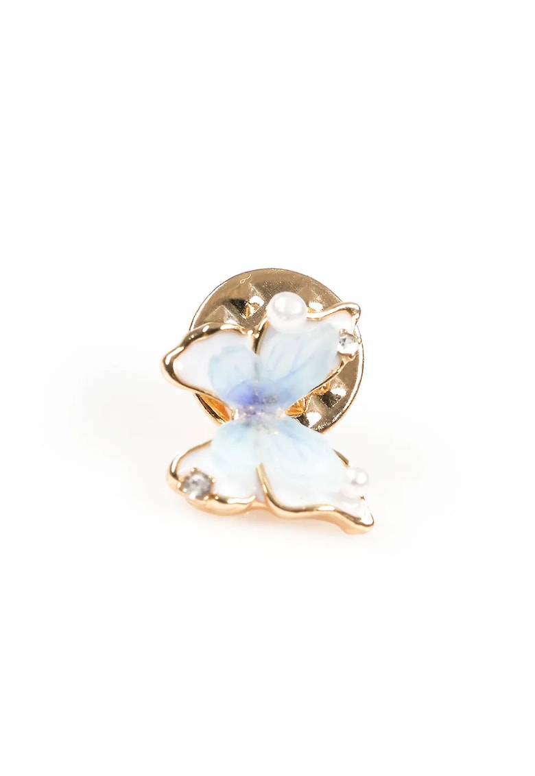 Brosa martisor fluture bleu cu perle si contur auriu