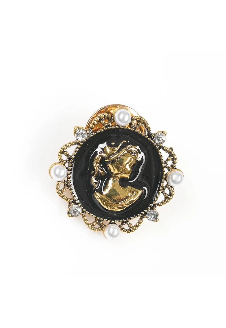 Brosa martisor camee neagra cu profil auriu si perle