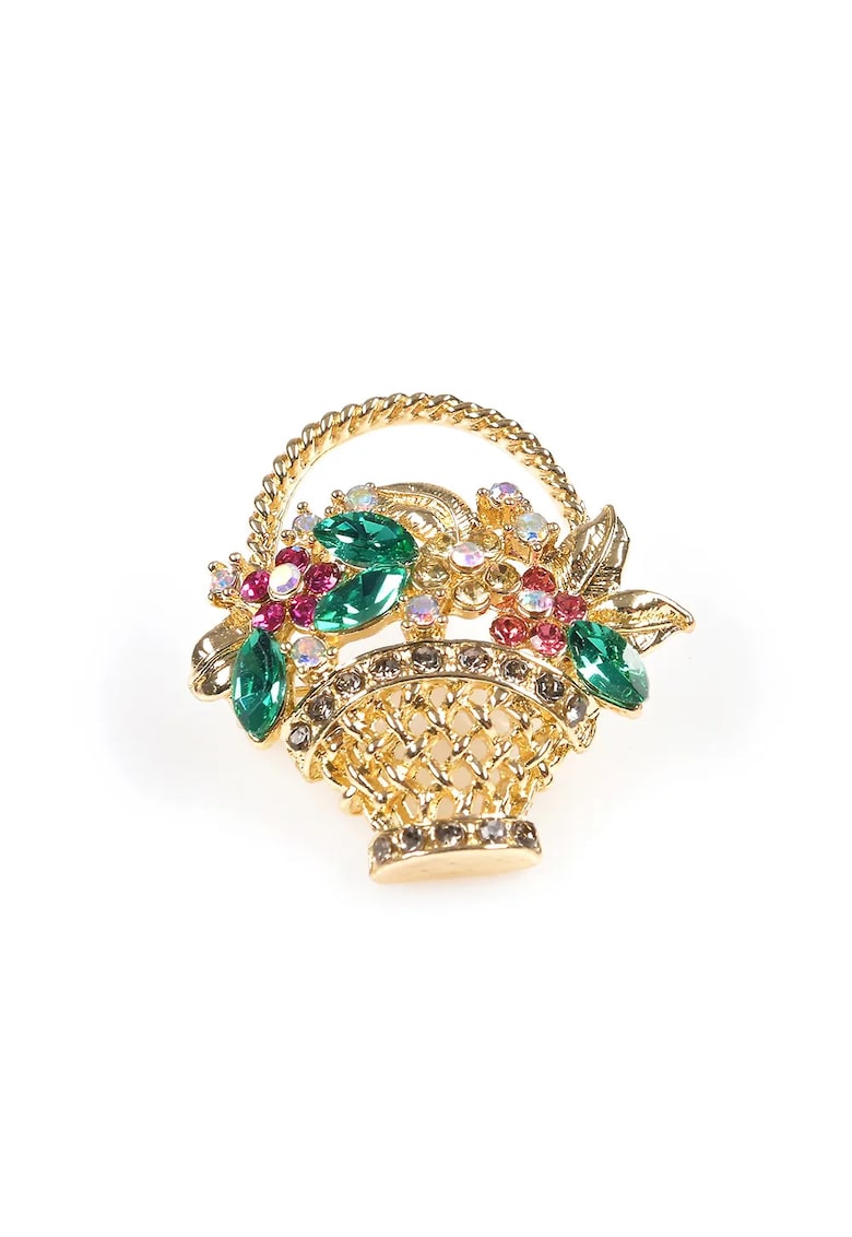 Brosa martisor cos auriu cu flori roz si frunze verzi