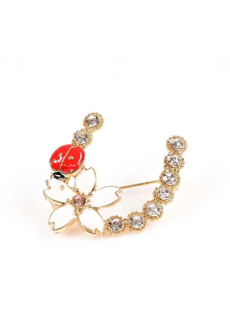 Brosa martisor potcoava cu floare alba si buburuza