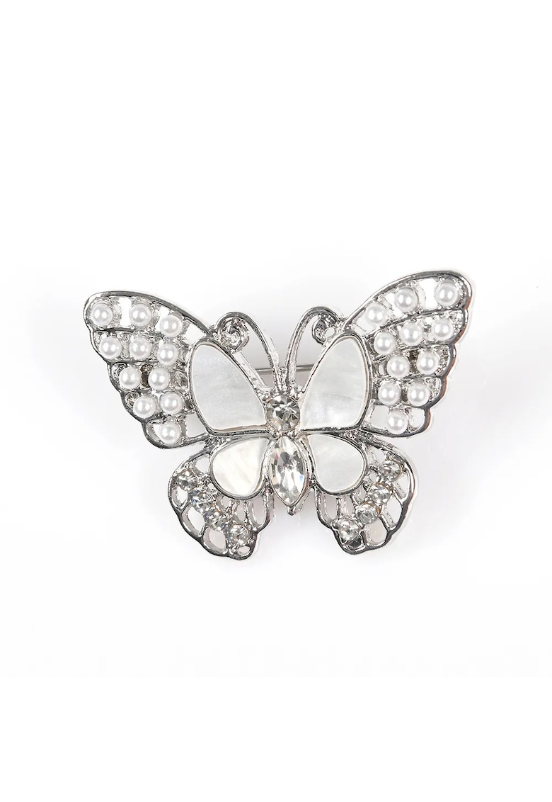 Brosa martisor fluture argintiu cu perle albe