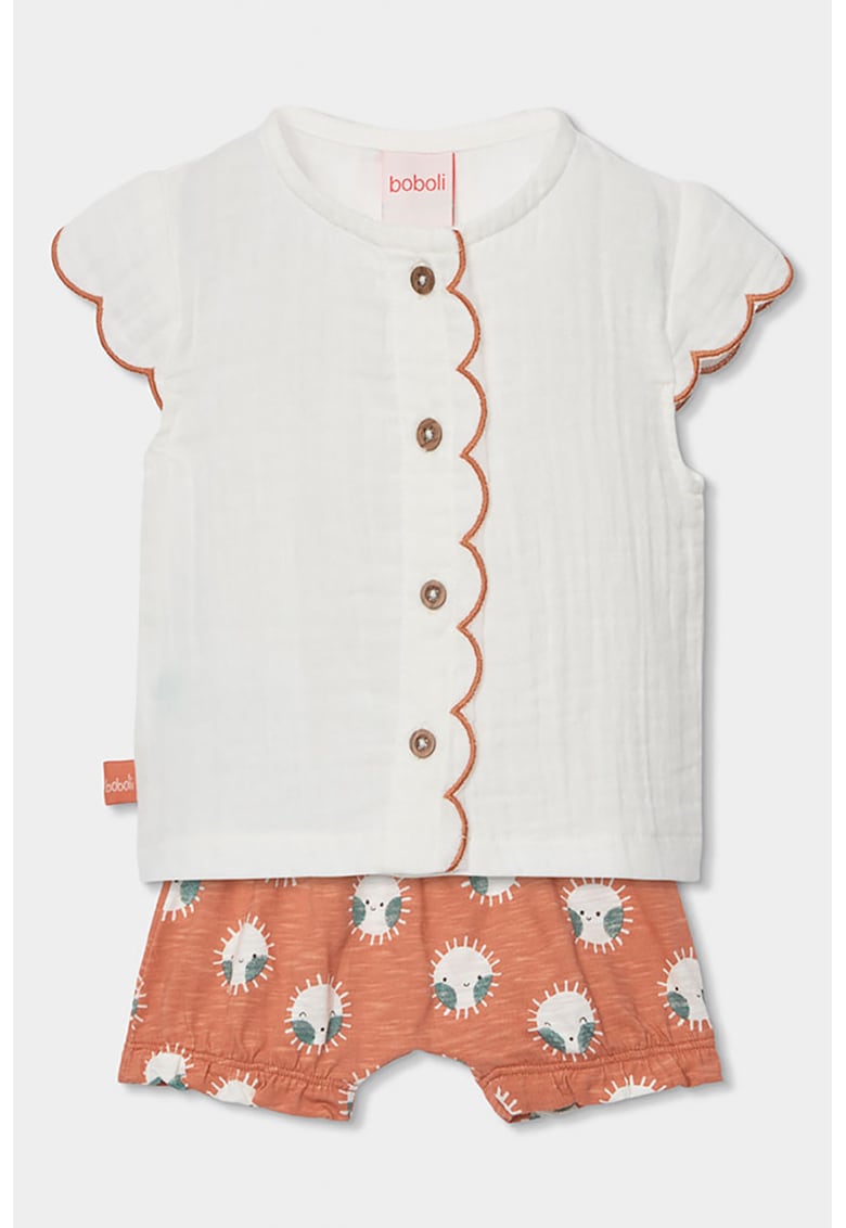 Set de bluza si pantaloni scurti din bumbac cu imprimeu - Alb fildes/Portocaliu