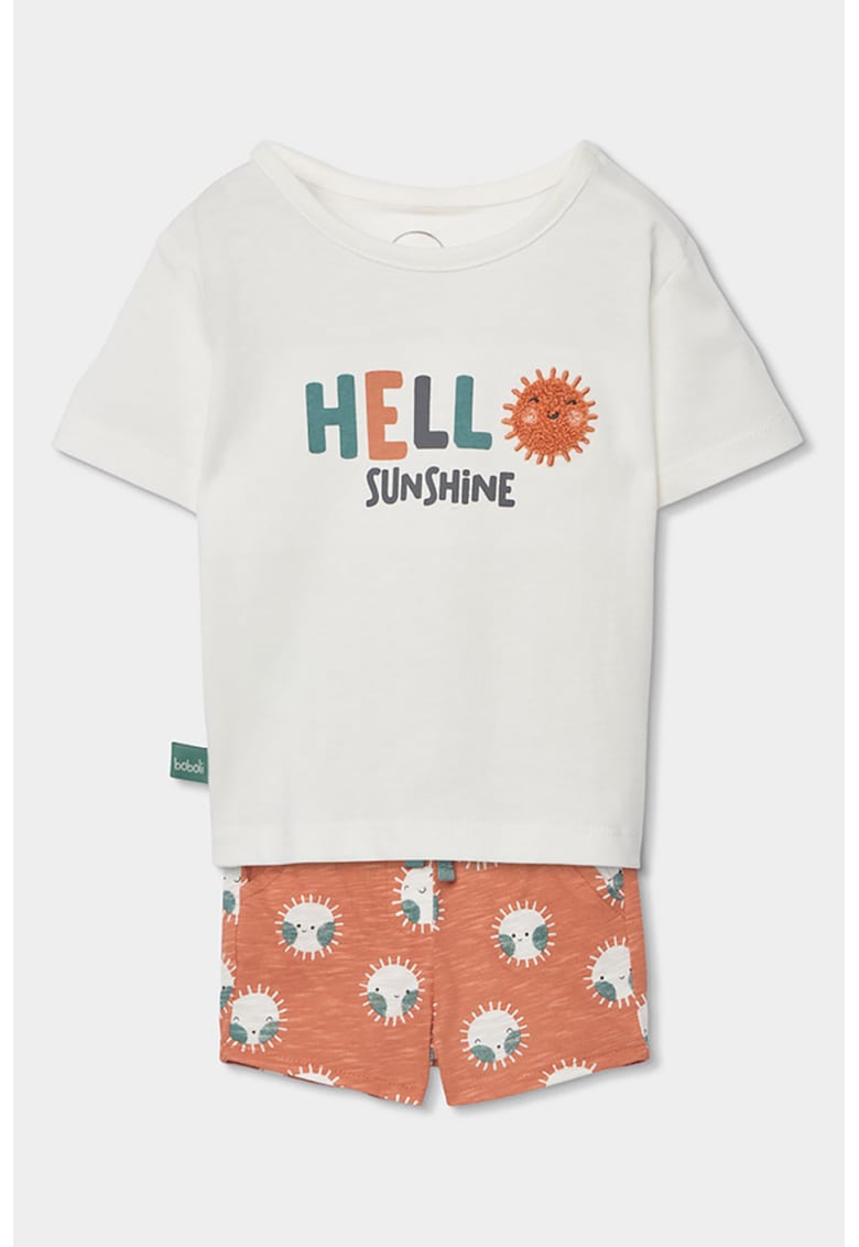 Set de tricou cu decolteu rotund si pantaloni scurti - 2 piese - Alb/Portocaliu