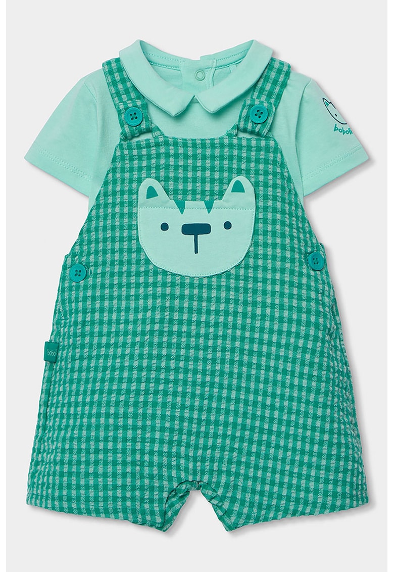 Set de body cu maneci scurte si salopeta cu model in carouri - 2 piese - Verde
