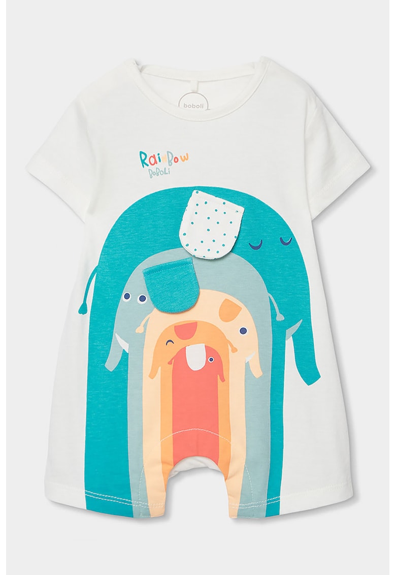 Salopeta cu imprimeu si maneci scurte - Alb fildes/Coral