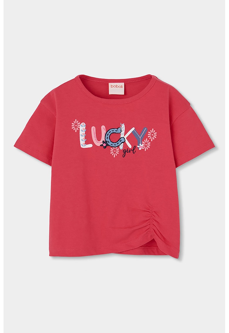 Tricou cu decolteu la baza gatului si imprimeu grafic - Roz aprins