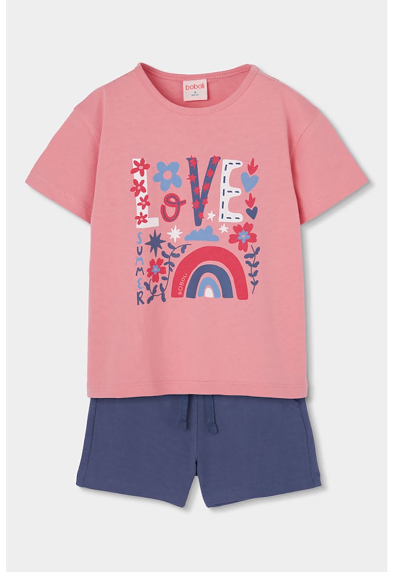 Set de tricou din bumbac si pantaloni scurti - 2 piese - Roz somon/Albastru indigo