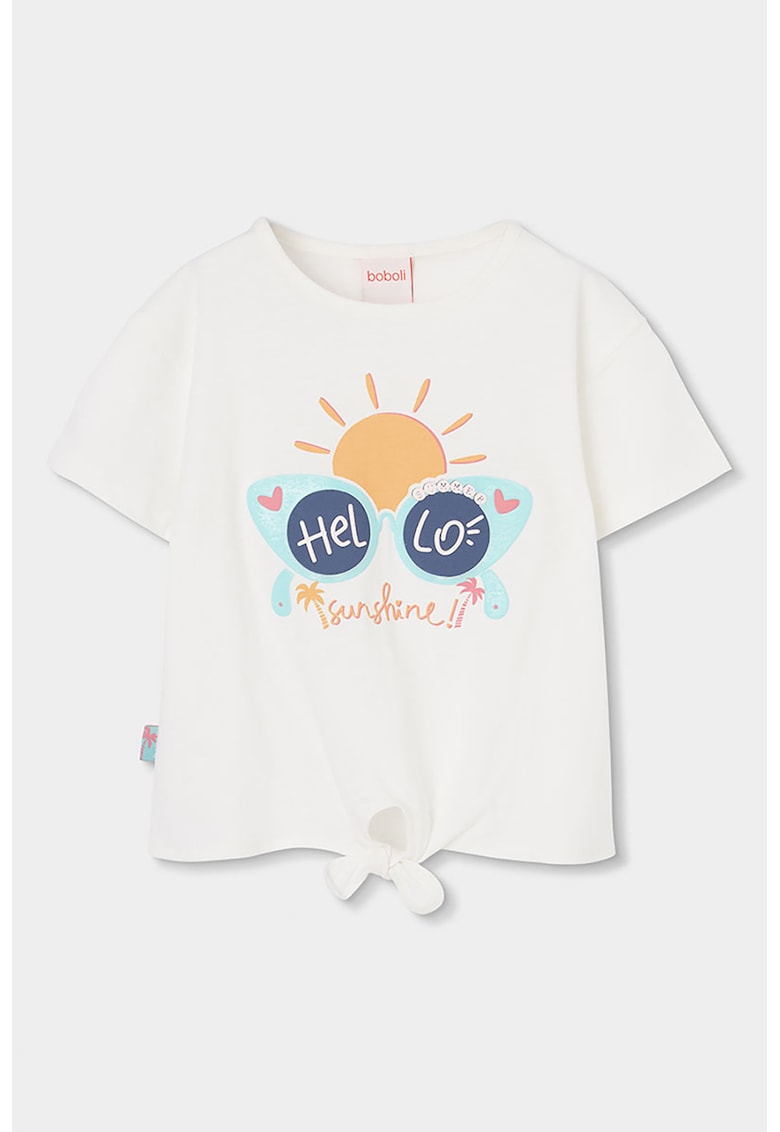 Tricou cu imprimeu si detaliu cu nod frontal - Alb fildes/Portocaliu/Albastru