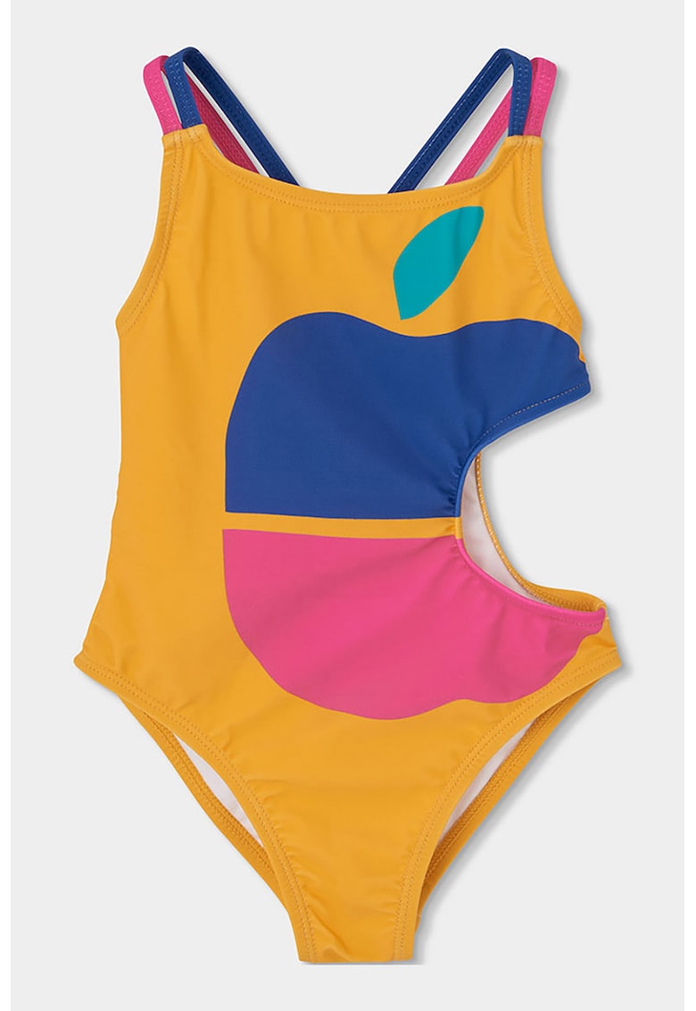 Costum de baie intreg cu imprimeu si decupaj lateral - Galben sofran/Roz