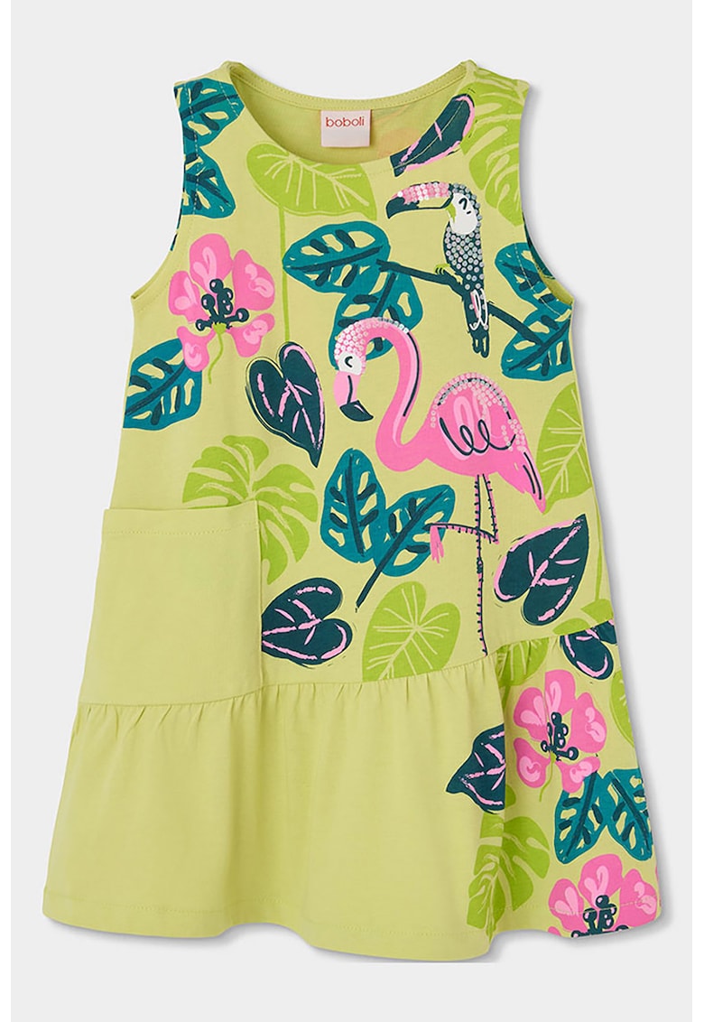 Rochie fara maneci cu imprimeu si buzunar lateral - Roz/Verde fistic