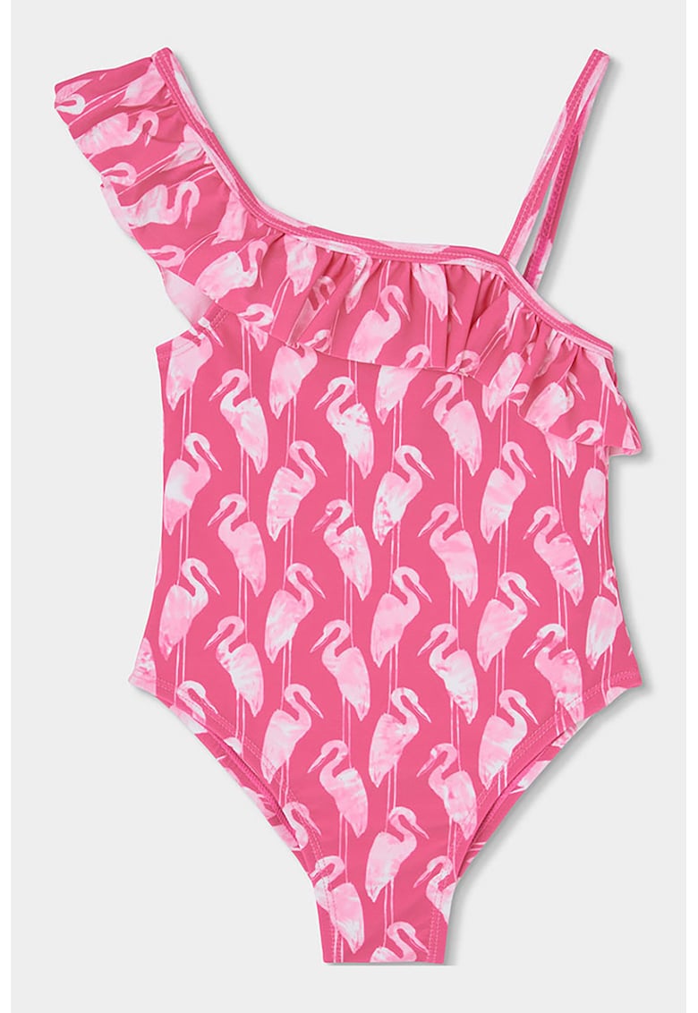 Costum de baie intreg cu imprimeu si decupaj pe partea din spate - Alb/Roz