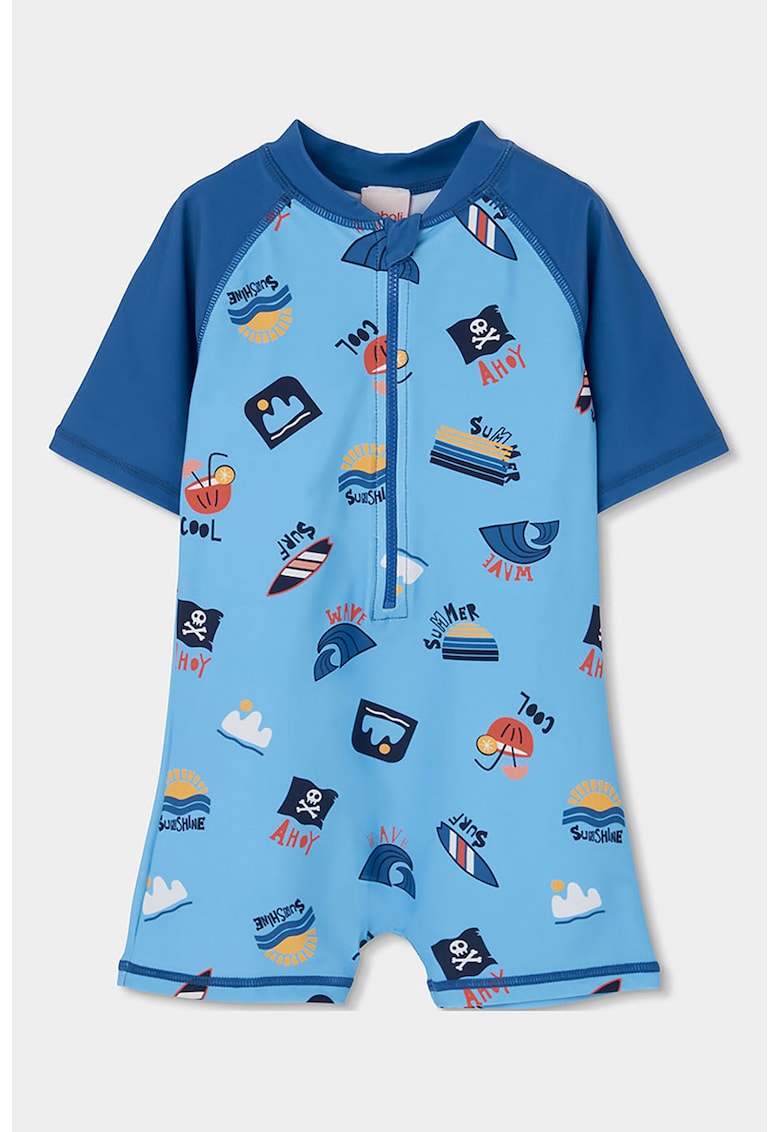 Costum de baie cu imprimeu si fermoar scurt - Albastru