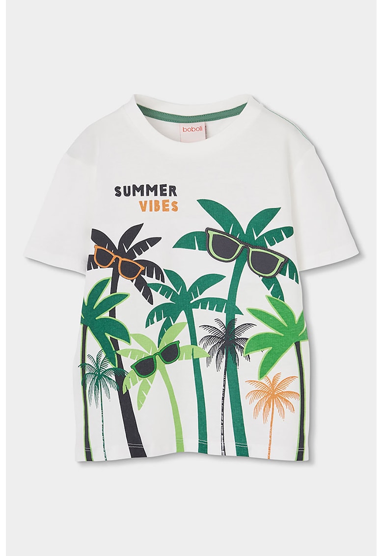 Tricou din bumbac cu imprimeu frontal - Alb/Verde