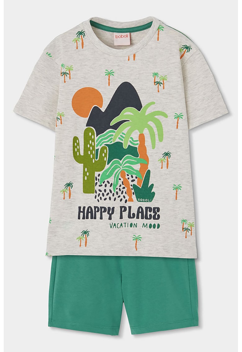 Set de tricou cu imprimeu grafic si pantaloni scurti - 2 piese - Verde/Gri melange