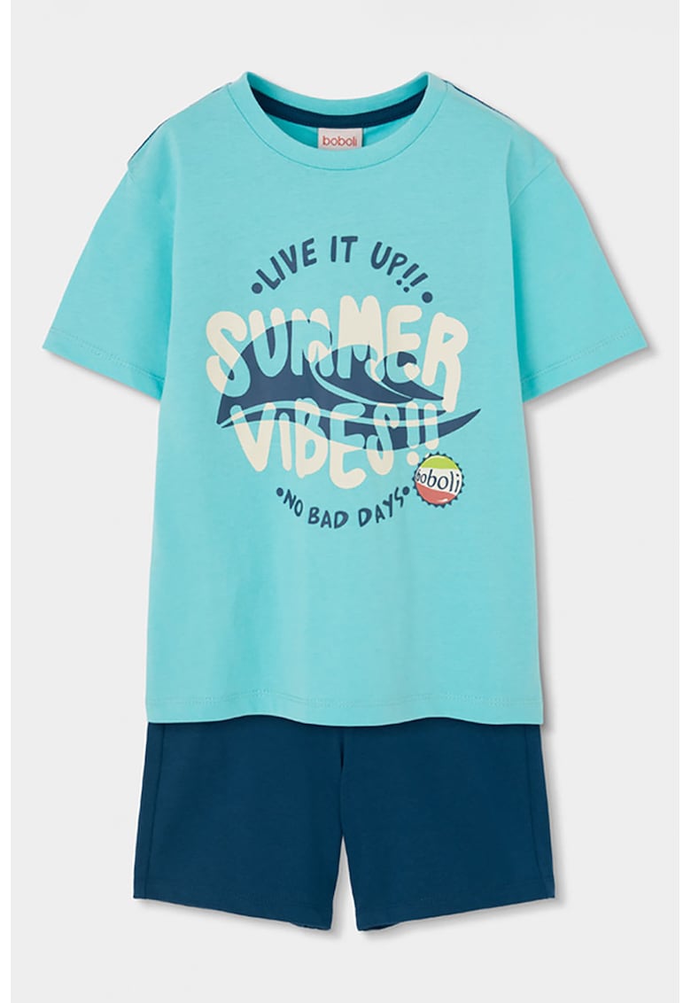 Set de tricou din bumbac cu model si pantaloni scurti - 2 piese - Albastru