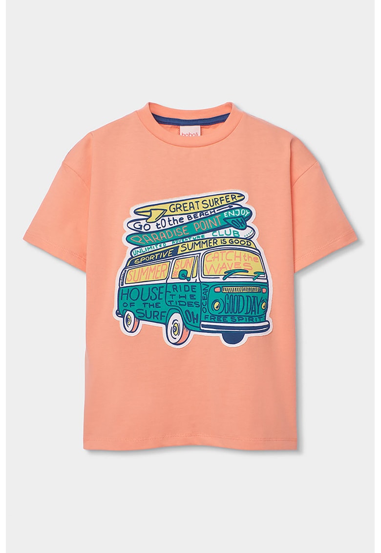 Tricou cu decolteu la baza gatului si imprimeu - Roz somon