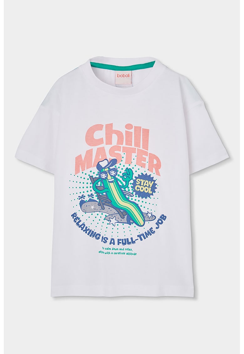 Tricou cu decolteu la baza gatului si imprimeu grafic - Alb/Albastru