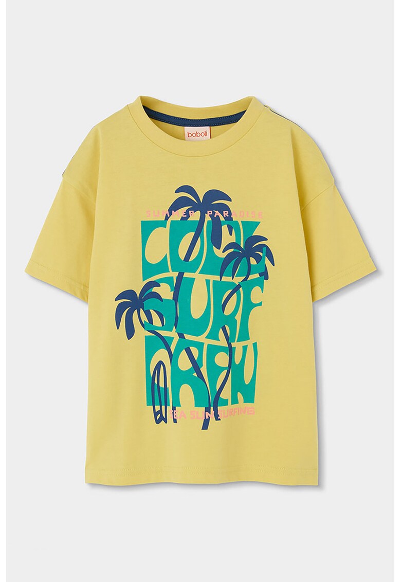 Tricou cu decolteu la baza gatului si imprimeu tropical - Galben