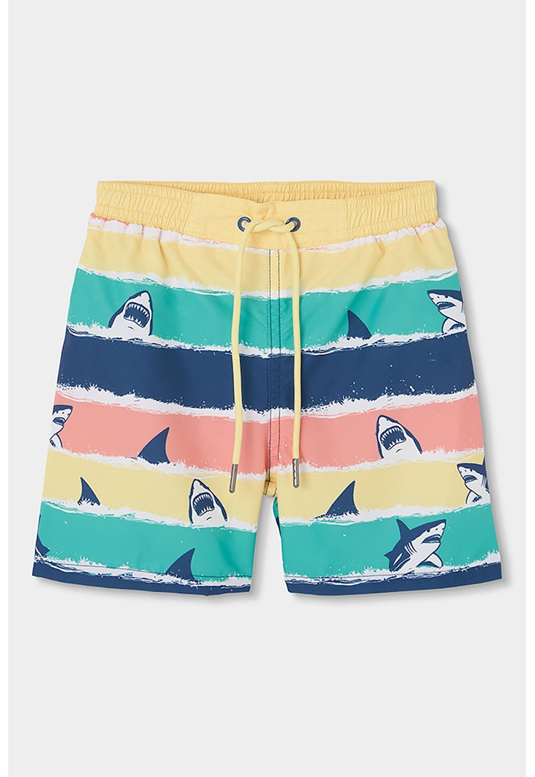 Pantaloni scurti de baie cu model in dungi si rechin - Multicolor