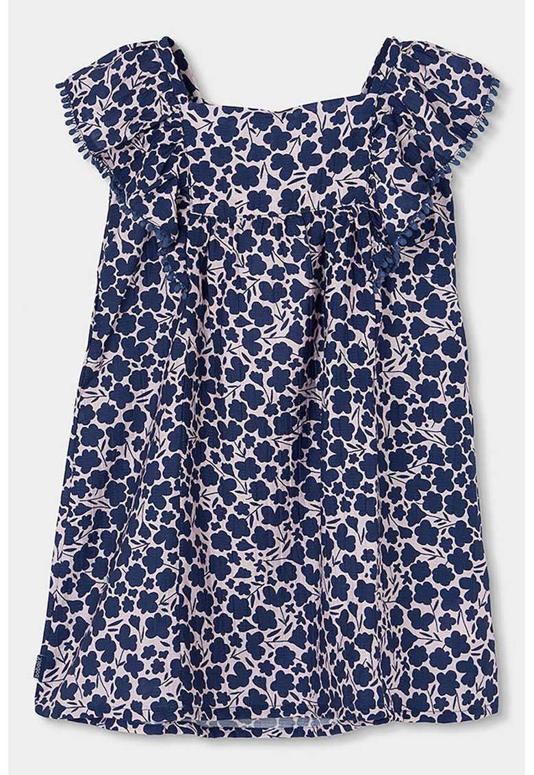 Rochie cu imprimeu floral si volane - Crem/Bleumarin