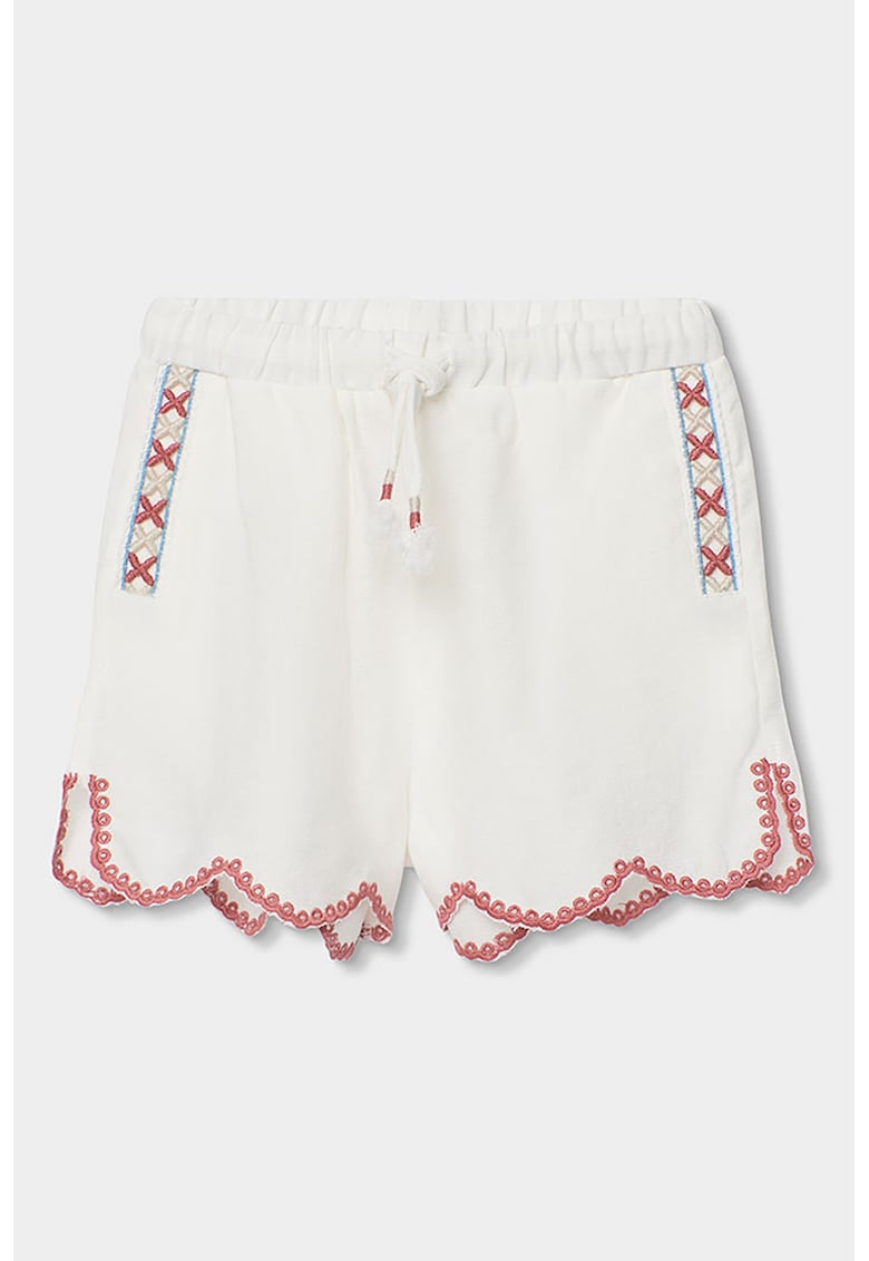 Pantaloni scurti cu snur de ajustare si broderie - Alb fildes