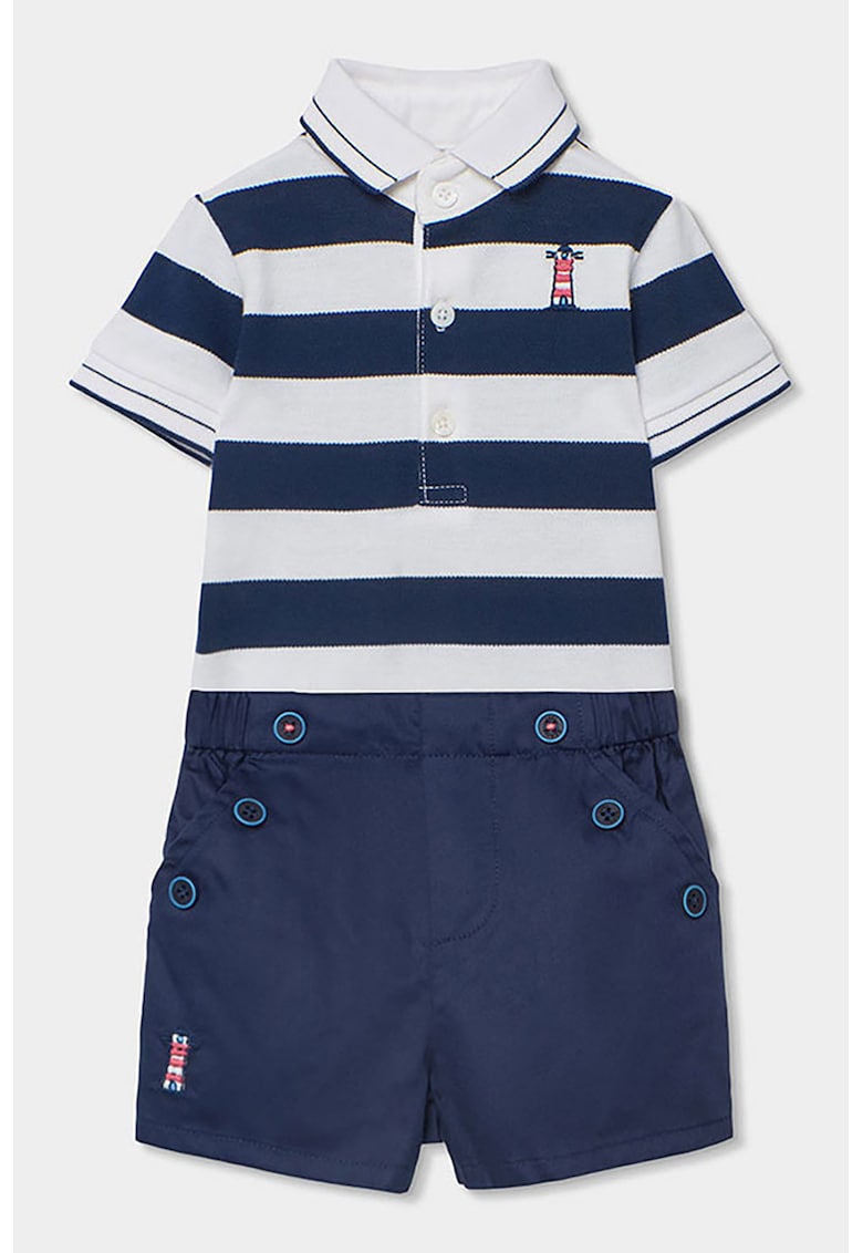 Set de body din bumbac cu guler polo si pantaloni scurti - Alb/Bleumarin