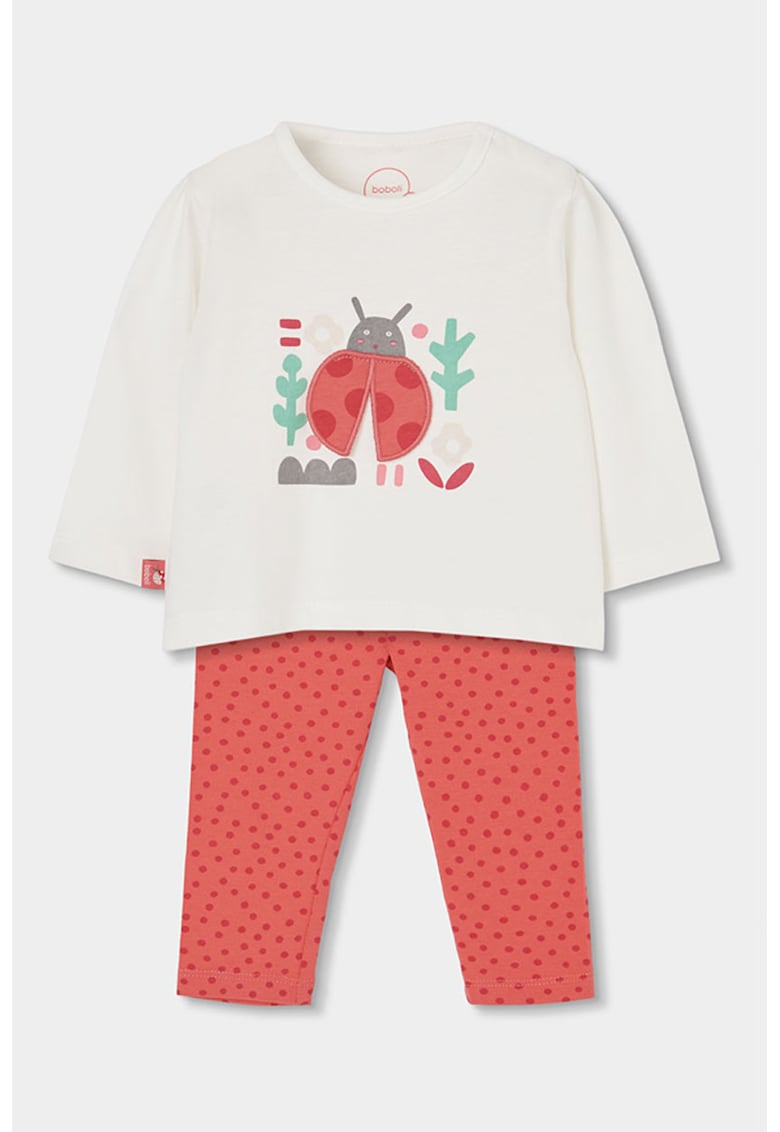 Set de bluza si colanti cu buburuza - Alb fildes/Coral