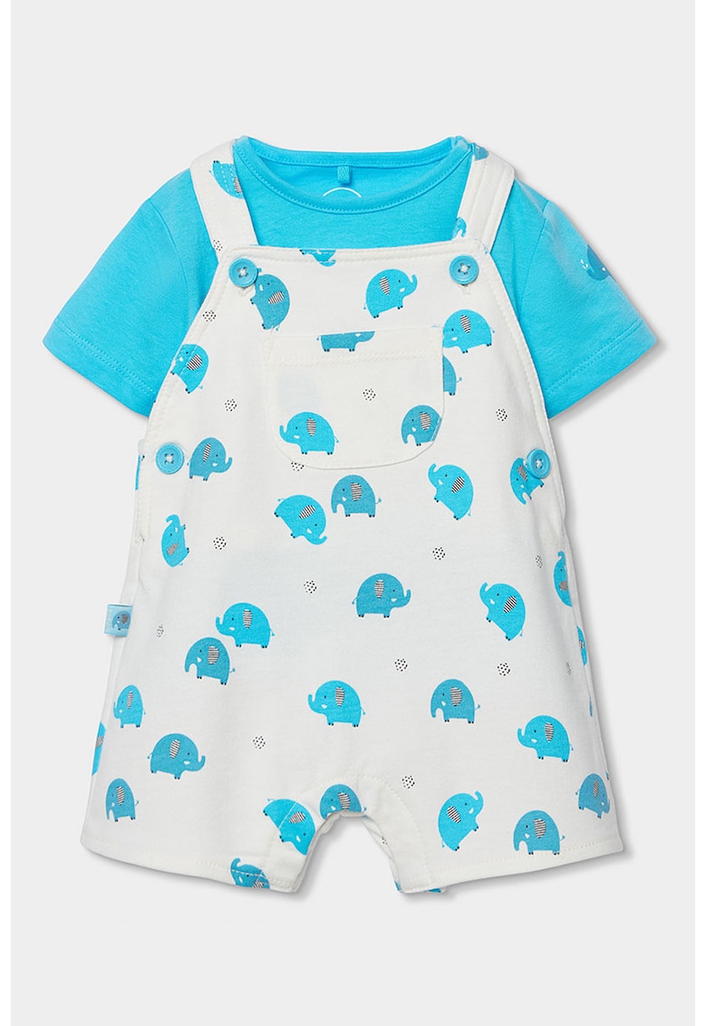 Set de tricou si salopeta cu elefanti - Alb fildes/Albastru deschis