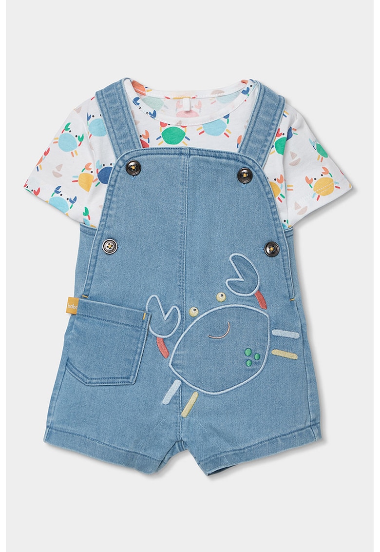 Set de salopeta de denim si tricou - Rosu/Alb/Albastru pastel