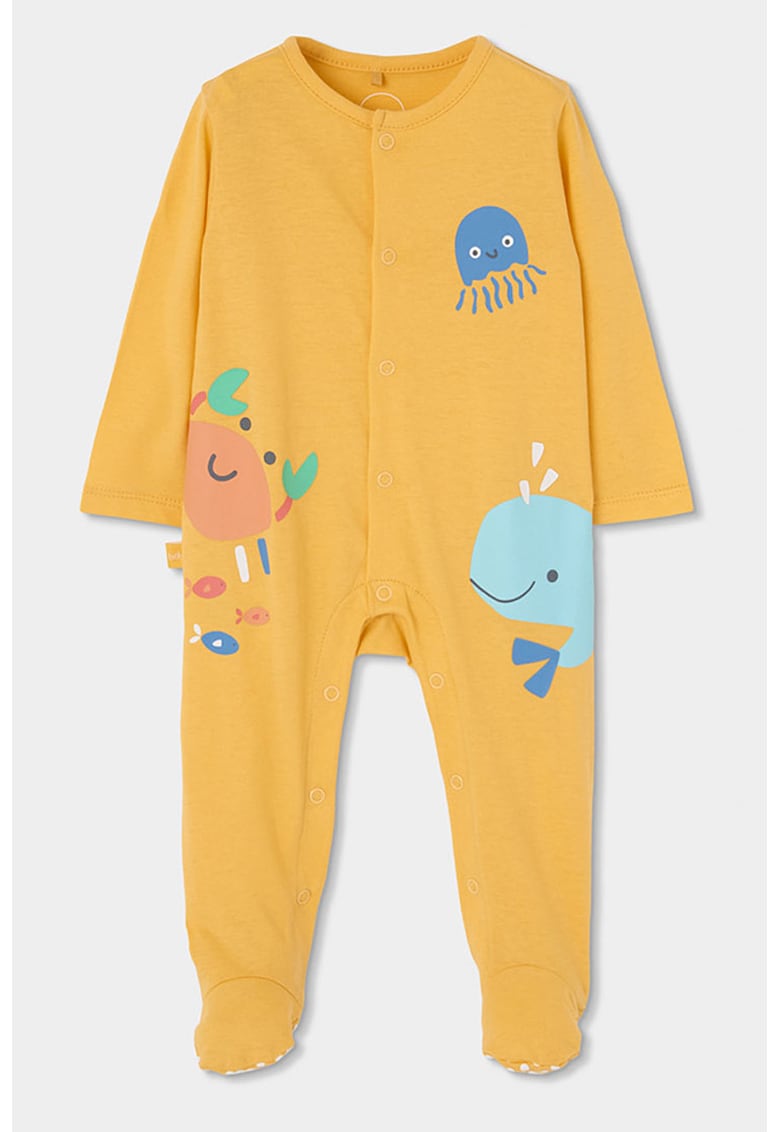 Salopeta de bumbac cu imprimeu si botosei - Galben sofran/Albastru