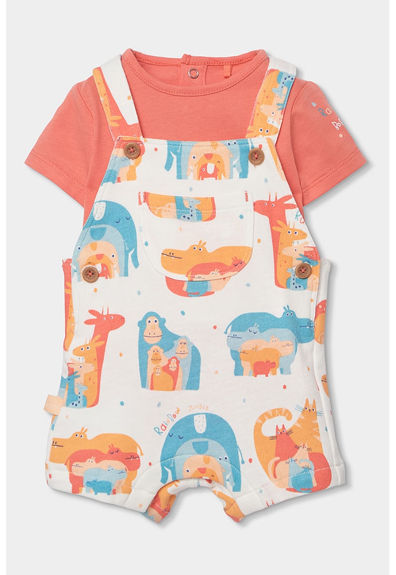 Set de body si salopeta de bumbac - Alb fildes/Albastru lavanda/Roz somon