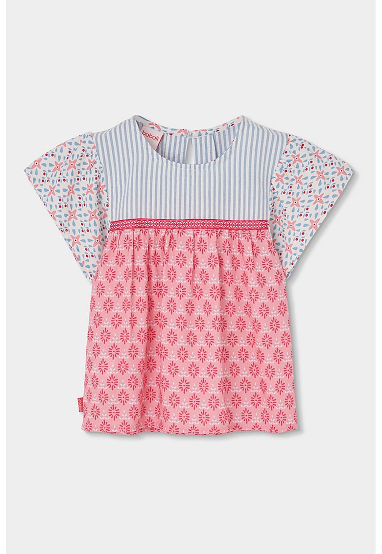 Bluza cu aplicatii si maneci fluture - Alb/Coral/Albastru prafuit