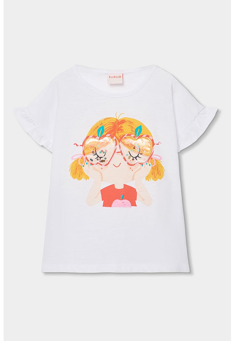 Tricou de bumbac cu paiete - Alb/Portocaliu/Piersica