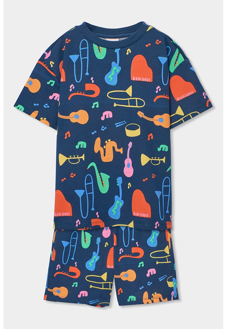 Pijama scurta cu model grafic - Portocaliu mandarina/Albastru/Bleumarin