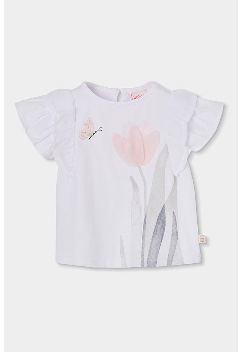 Tricou cu model floral si maneci cu volane - Gri/Alb murdar/Roz pal