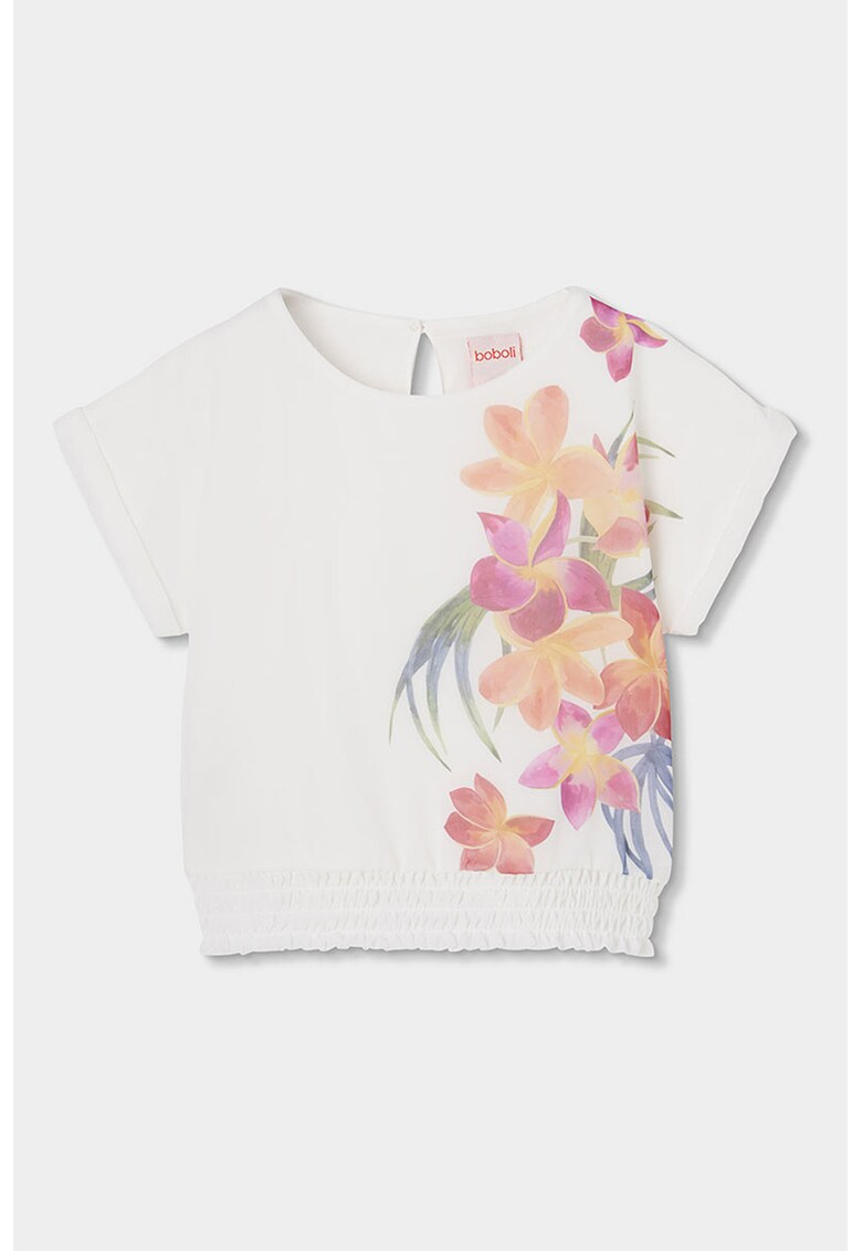 Tricou cu decolteu rotund si model floral - Verde/Violet/Alb murdar